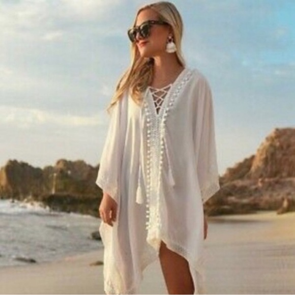 Bindya Coverup in White with Front Ties and Pom Pom Trim. One size. NWOT. - Picture 3 of 6